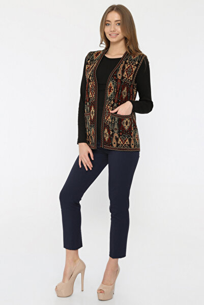 Uludağ Triko Women's Silver Ethnic Patterned Kilim Vest with Pockets