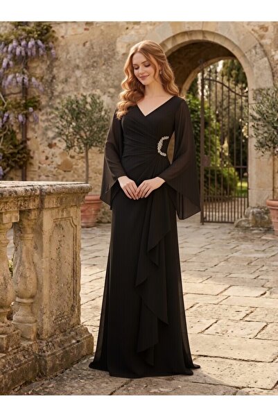FaBe Fashion Uzun Şal Kollu V Yakalı Beli Taş Aksesuarlı Beyaz Şifon Nikah Ni...