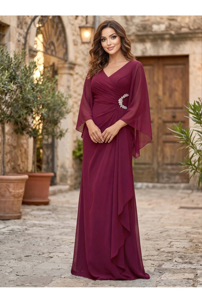 FaBe Fashion فستان زفاف شيفون أبيض بأكمام طويلة ورقبة على شكل حرف V مع إكسسوا...