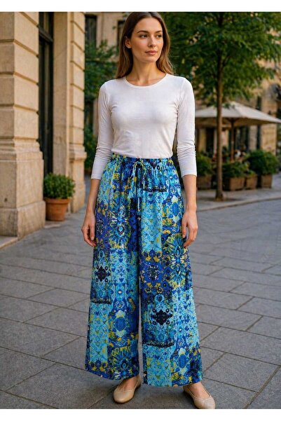 ECK MODA Γυναικείο παντελόνι από ύφασμα βισκόζης με ψηφιακή στάμπα με φούστα