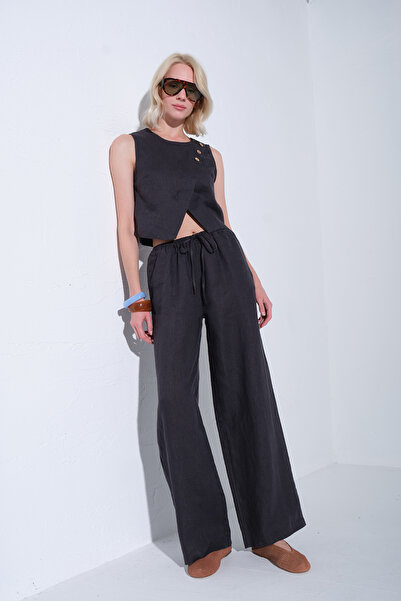 Maule 100% Λινό Άνετο Παντελόνι με Κορδόνια Υφαντό Γυναικείο Παντελόνι @Varuna