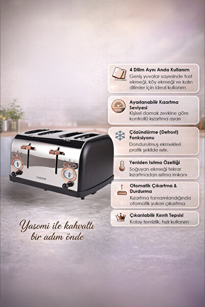 Yasomi YK-628T 4 Dilimli Geniş Yuvalı Ekmek Kızartma Makinesi
