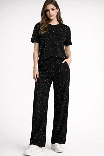 KASİDE Women's Stoned Short Sleeve Elastic Waist Tie-Detail Two-Piece Set Ksd-8636