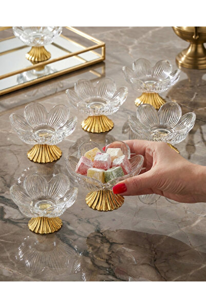 FAIR HOME Gold Renk Metal Ayaklı Lotus Çiçeği Kahve Yanı Cam Lokumluk Drajeli...
