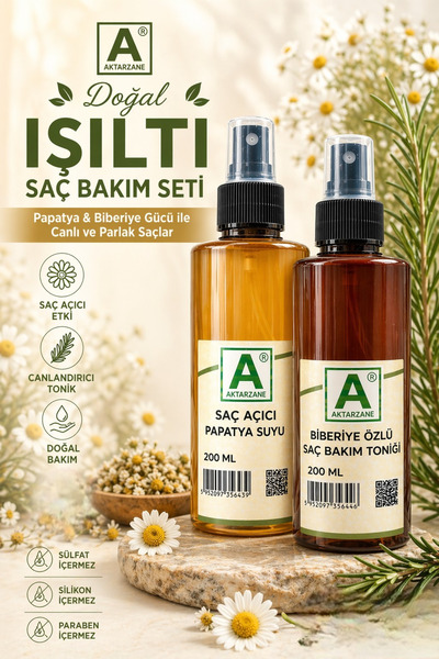 Aktarzane Doğal Işıltı Saç Bakım Seti – Biberiye Özlü Saç Toniği & Papatya Suyu
