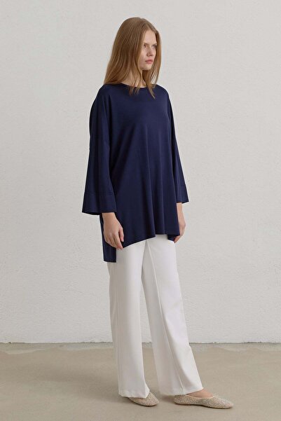 Nihan Yanları Yırtmaçlı Oversize Basic Örme Rayon Bluz Lacivert
