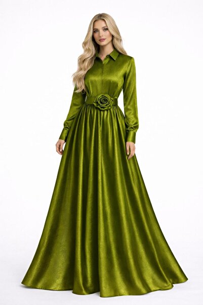 SERAVENZA COUTURE فستان قميص أنيق من التفتا بطول ماكسي مع حزام وجيوب COU-45