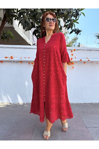 DenizEge Φόρεμα με όλα τα κουμπιά με κεντητική χρωματική επεξεργασία κόκκινο