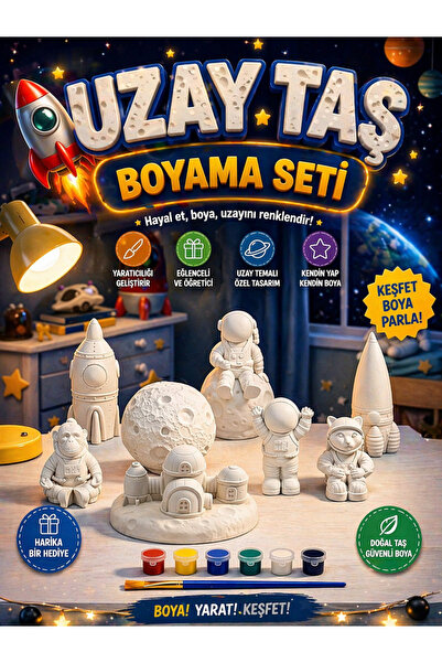 Atölye yüksel Uzay Taş Boyama Seti = 8 Taş + 6 Renk Boya + 1 Fırça