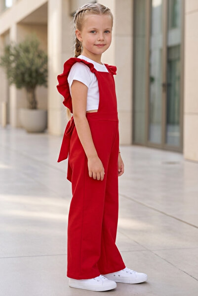 Parla Kids Girl's Berlin Red Cotton Ruffle Lacing Detail Jumpsuit