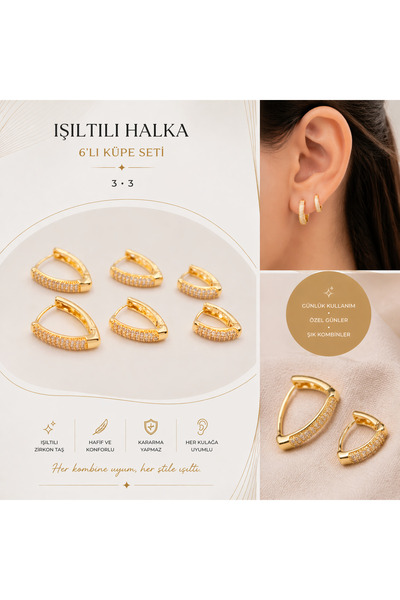 ADELYA CONCEPT 6lı Halka Küpe Seti Gold Zirkon Taşlı