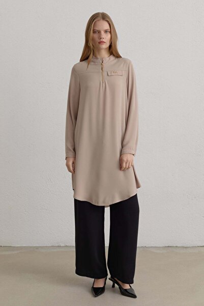 Nihan Zipper Detailed High Collar Basic Tunic Beige