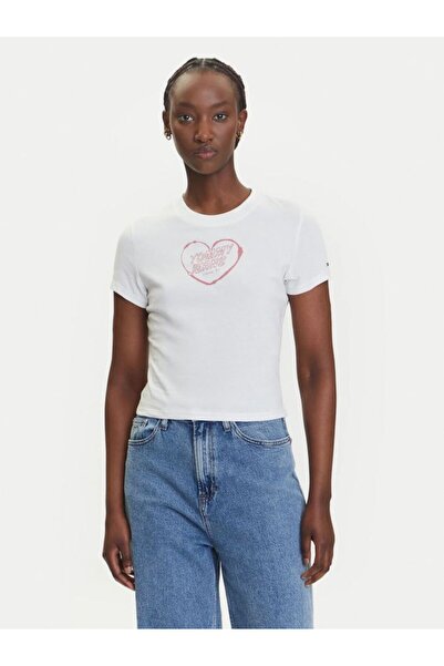 Tommy Hilfiger Kadın TH Slim Fit Kalp Baskılı Tişört – Ekru