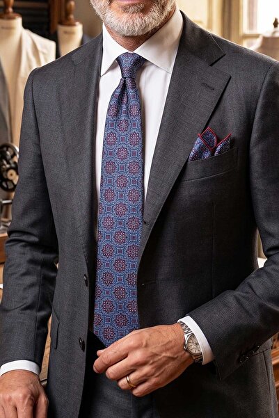 Kravatkolik Κλασική μπλε γραβάτα με μοτίβο - με μαντήλι KK12681