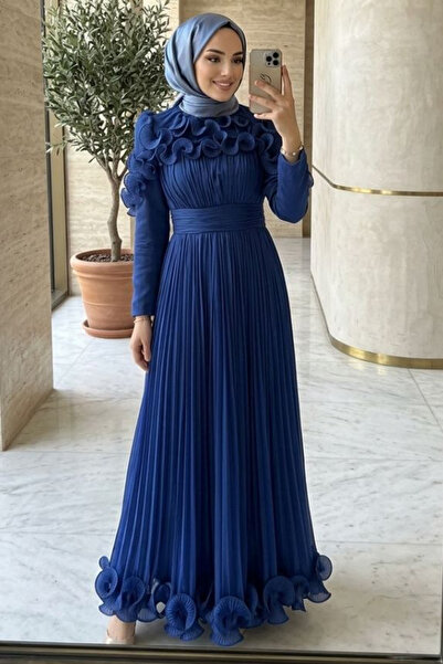 N.S NEVA STYLE Βραδινό Φόρεμα Τεσεττίρ με Λεπτομέρεια Βολάν σε Σκούρο Μπλε Ιν...