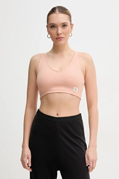 Calvin Klein Kadın Kalın Askı Crop Boy Fitili Esnek Kumaş Dar V Yaka Pembe Bü...