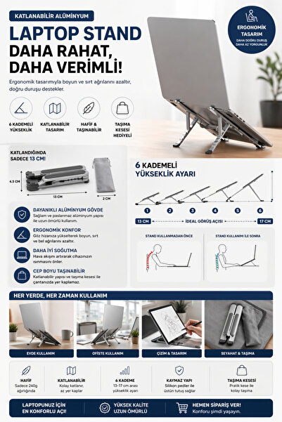 Mcstorey Katlanabilir Alüminyum Laptop Stand 6 Kademeli Ergonomik Yükseltici ...