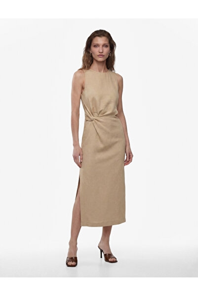 Koton Αμάνικο λινό φόρεμα με σκίσιμο, στρογγυλή λαιμόκοψη, λεπτομέρεια παραθύ...