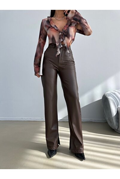 HerTon Ψηλόμεσο δερμάτινο γυναικείο παντελόνι – Κομψό ύφασμα PVC με ίσια μπατ...