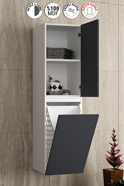 ÖZCEDEN Yıldız 35*130 cm Beyaz-Füme Balon MDF Asma Sepetli Banyo Boy Dolabı