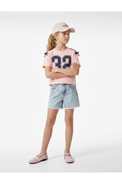 Koton Βαμβακερό κοντομάνικο μπλουζάκι με λεπτομέρεια φιόγκου και στάμπα στο λ...