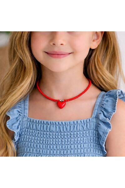 LeylanTakı Çocuk Kırmızı Kalp Kolye El Yapımı Bijuteri Hediye Aksesuar