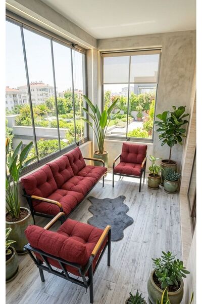 Madame Home Bordo Balkon, Bahçe, Cafe - Metal Kanepe Koltuk Takımı - 3+1+1