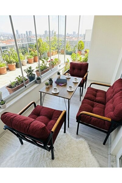 Madame Home Bordo Balkon, Bahçe, Cafe - Salon - Metal Kanepe Koltuk Takımı 3+...