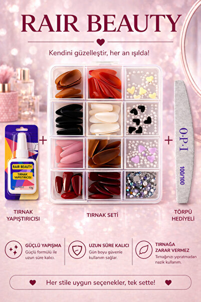 RAİR BEAUTY 96'lı Takma Tırnak ,Tırnak Süsü ve Fırçalı Tırnak Yapışkanı TÖRPÜ...