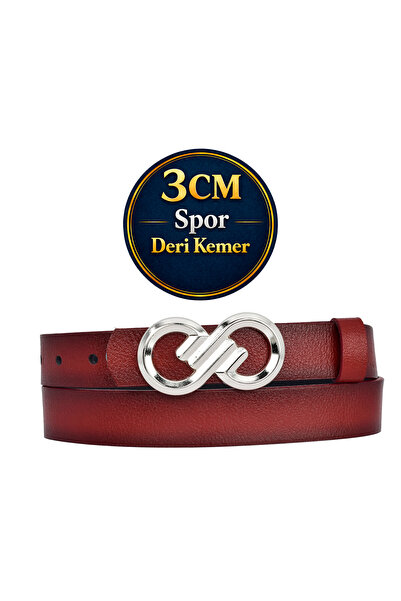 GoDeri 100% естествена кожа, сребърна катарама, 3 см, червен дамски колан; Ро...