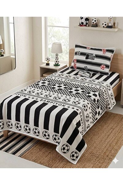 ŞENER HOME Σετ μονό πικέ με σεντόνι με σχέδιο βεντάλια - Ασπρόμαυρο