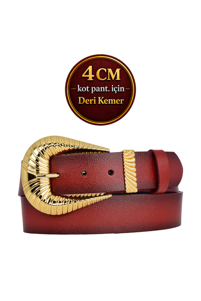 GoDeri 100% естествена кожа, голяма златна катарама, метален мост, червен дам...