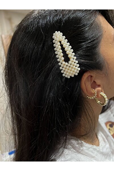 Jewelyf İnci Detaylı Vintage Çıtçıtlı Krem Rengi Saç Tokası Yan Toka Kız Çocuk