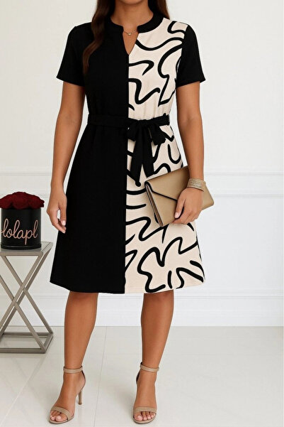 Butik Women's Short Sleeve V-Neck Double Color Print Waist Belted Atlas Dress