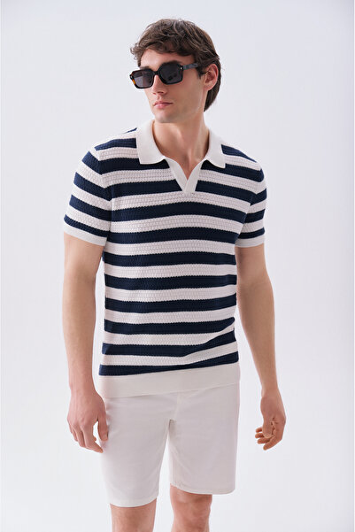 Mudo Men's Off-White Striped Polo Collar Short Sleeve Knit Sweater