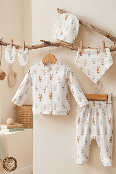 MAHFEL 100% Cotton Organic Rabbit Printed Newborn Hospital Discharge Set 5 Pi...