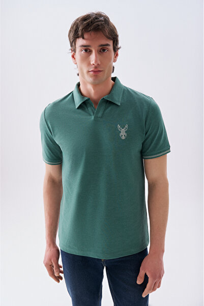 Mudo Men's Green Embroidered Polo Collar T-Shirt