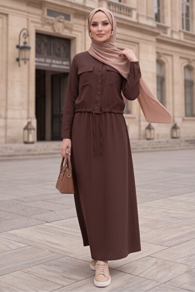 Bestenur Κάλυμμα με Με τσέπες κουμπιά, διπλό σετ 1696 - Καφέ