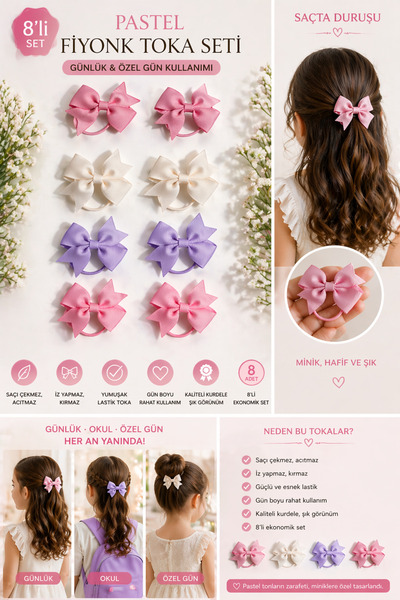 Design 4N Pastel Soft 8’li Fiyonk Lastik Toka Seti | Bebek & Çocuk Saç Aksesuarı