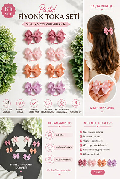 Design 4N Premium 8’li Pastel Fiyonk Toka Seti | İz Yapmaz Yumuşak Lastik | B...