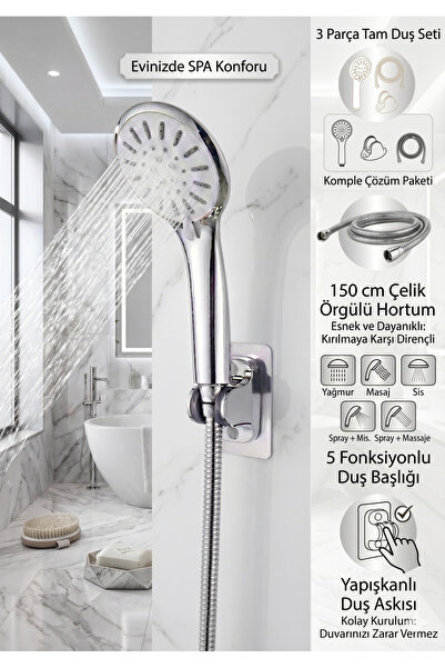 Plodna House Yüksek Basınçlı Duş Başlığı ve Hortum Seti - Yapışkanlı Duş Askı...