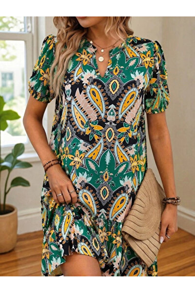 Butik Women's Short Sleeve V-Neck Patterned Short Single Jersey Dress
