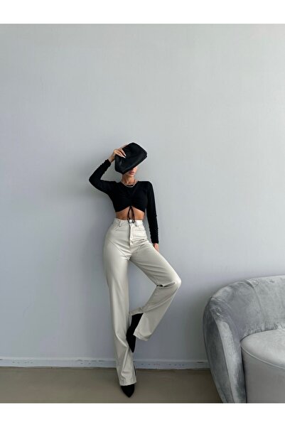 HerTon Pantaloni de damă cu aspect de piele și talie înaltă – Design modern d...