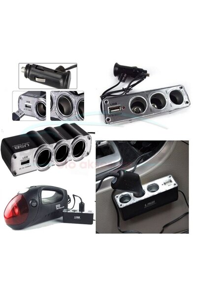 beyaztuning Araç İçi Çakmak Çoklayıcı Çoğaltıcı 3 Lü USB li 12 Volt Kablolu