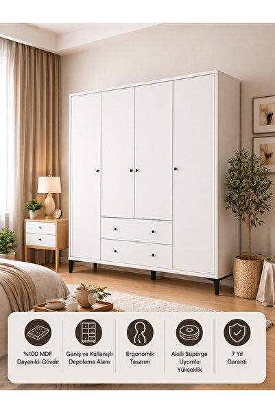 VENATTO Focus 4 Kapılı Dolap Beyaz (%100MDF) - 4 Kapılı, 2 Çekmeceli, Ayaklı ...