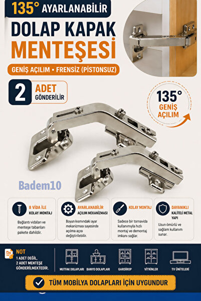 Badem10 135 Derece Ayarlanabilir Dolap Kapak Menteşesi Tas Tip Geniş Açılı Fr...