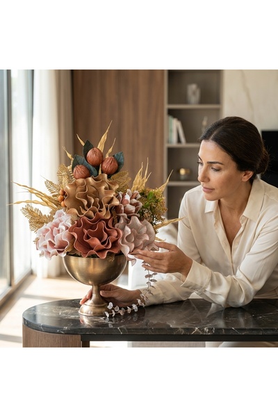 TASARIMHMODA Yapay Çiçekli Antik Yuvarlak Vazo No:6