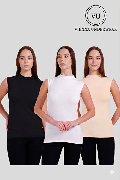 Vienna Underwear Women's Zero Sleeve High Neck Body Suit 3-Piece Set Fishneck...