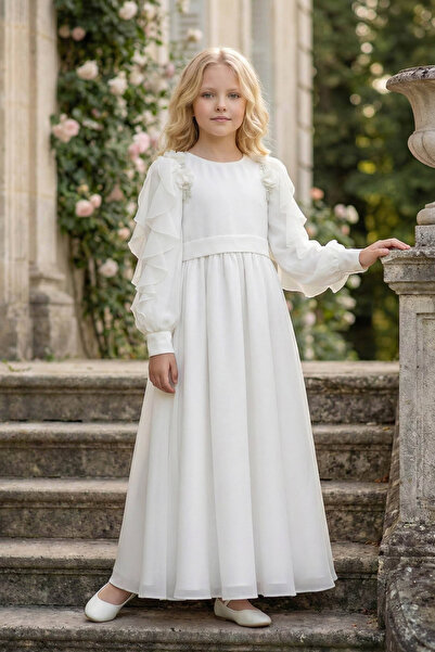 Pamina 36382PR Екрю Дълга шифонена рокля за момичета