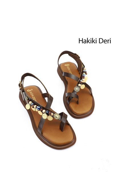 GÖNDERİ(R) Γυναικεία σανδάλια από γνήσιο δέρμα με χάντρες σε καφέ χρώμα